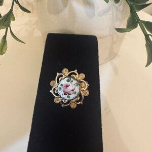 Vintage Floral Enamel Brooch – Gold Tone Rose Pin